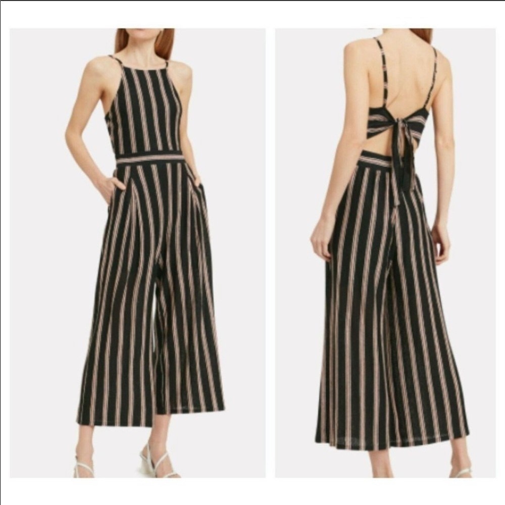 Joie S Briselle 100% Linen Jumpsuit Black Striped Tie-Back Halter Jumpsuit